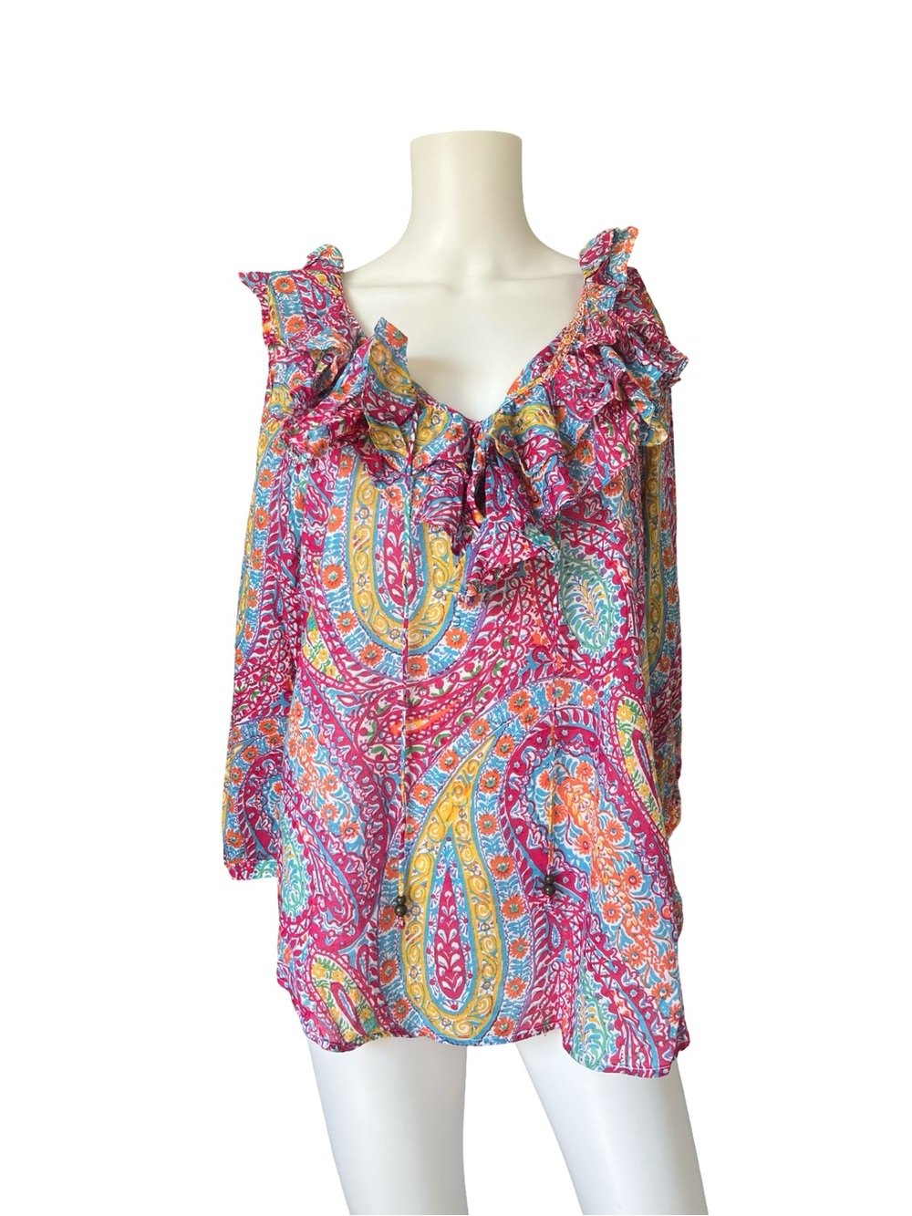 Lauren Ralph Lauren Colorful Blouse Ruffle Cotton Paisley Womens Size XL